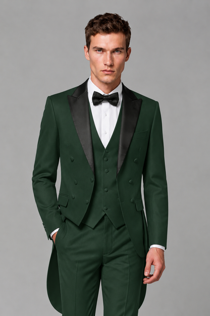 Savile Dark Green 3-Piece Tailcoat Tuxedo Suit with Black Peak Lapel - Dark Green - Dark Green_01