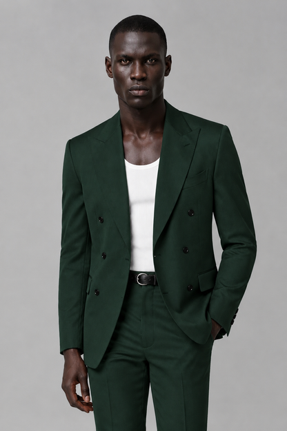 Savile Men's Dark Green Double Breasted Slim Fit 2-Piece Suit Set – Blazer & Trousers | Wedding Gala Formal - Dark Green - Dark Green_01