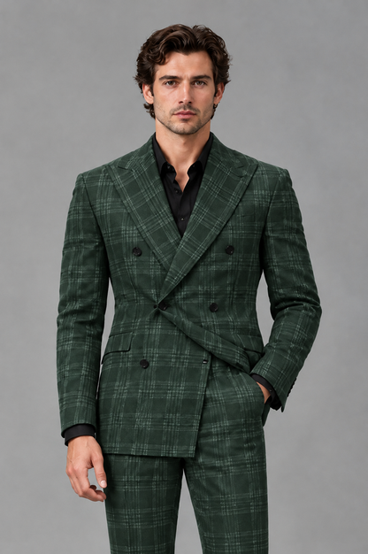 Savile Men's Rust Plaid 2-Piece Double-Breasted Suit – Peak Lapel Slim-Fit Jacket & Trousers Set - Dark Green - Dark Green