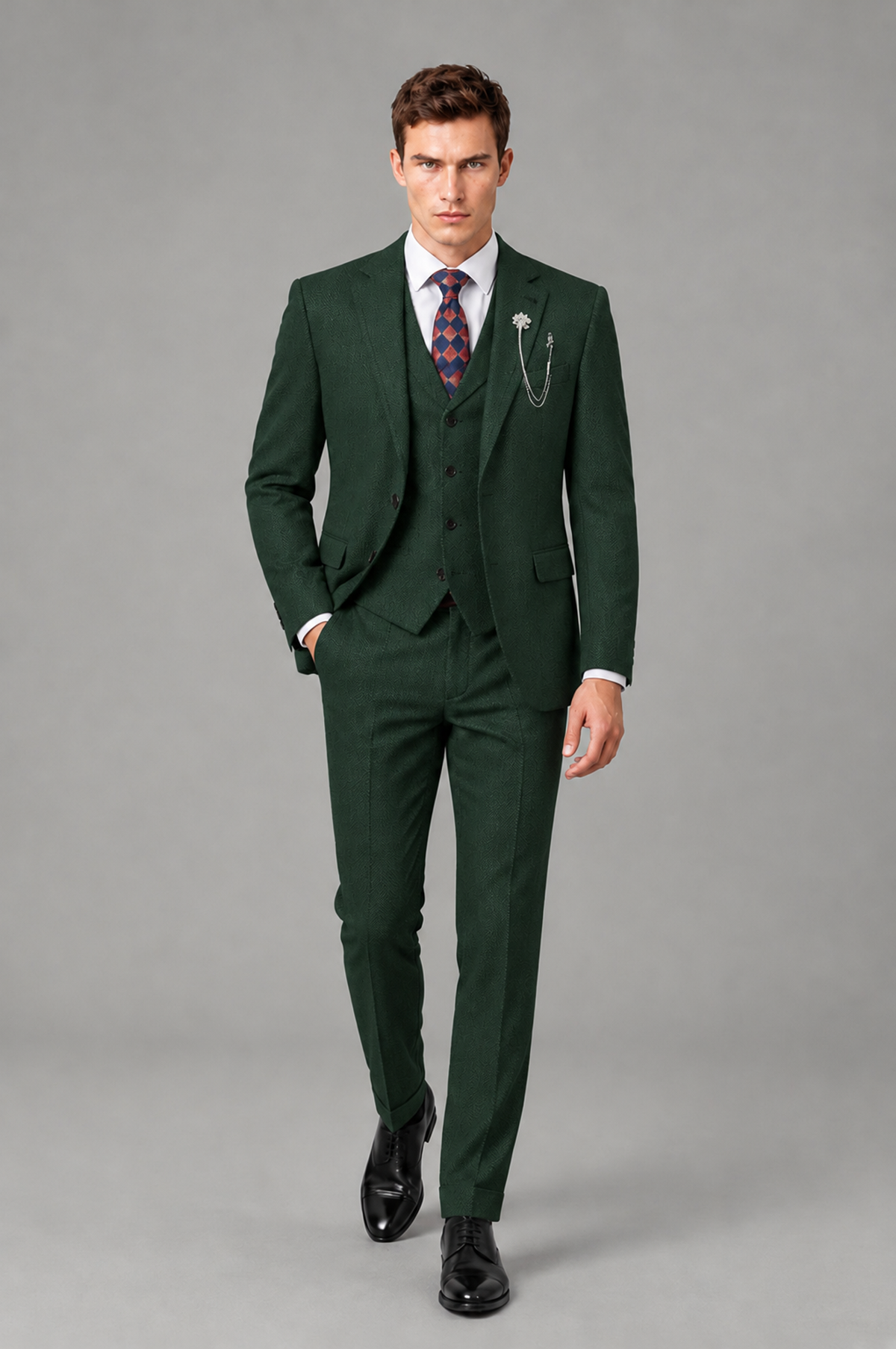 Savile Men's Grey Notch Lapel 3-Piece Suit Set | Jacket, Vest & Trousers - Dark Green - Dark Green
