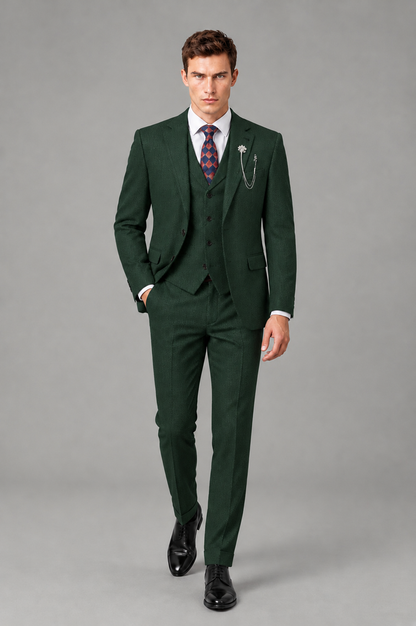 Savile Men's Grey Notch Lapel 3-Piece Suit Set | Jacket, Vest & Trousers - Dark Green - Dark Green