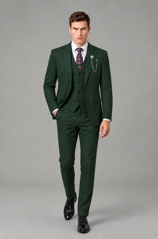 Savile Men's Grey Notch Lapel 3-Piece Suit Set | Jacket, Vest & Trousers - Dark Green - Dark Green