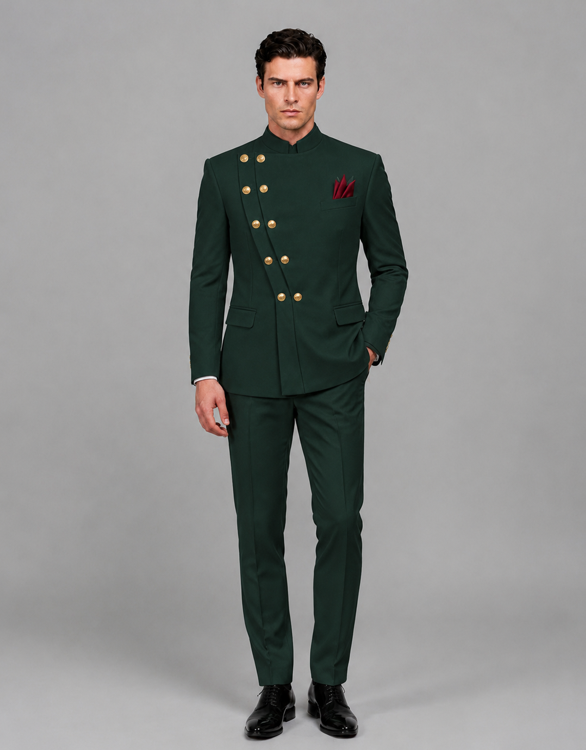 BOLODOO Men's Dark Green Asymmetrical Mandarin Collar Tuxedo Suit – Modern 2-Piece Gold Button Wedding, Prom & Gala Set - Dark Green - Dark Green_02