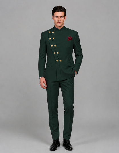 BOLODOO Men's Dark Green Asymmetrical Mandarin Collar Tuxedo Suit – Modern 2-Piece Gold Button Wedding, Prom & Gala Set - Dark Green - Dark Green_02