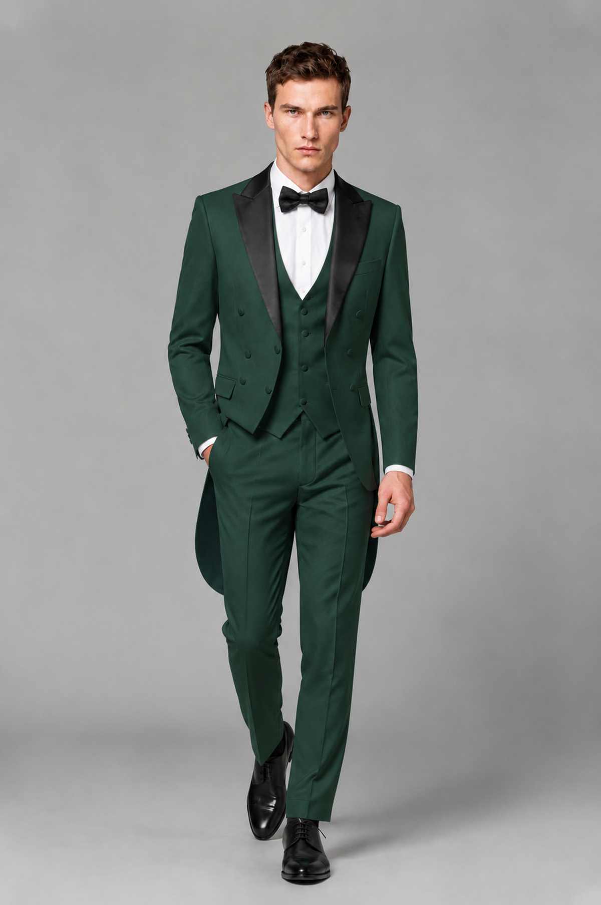 Savile Dark Green 3-Piece Tailcoat Tuxedo Suit with Black Peak Lapel - Dark Green - Dark Green_02