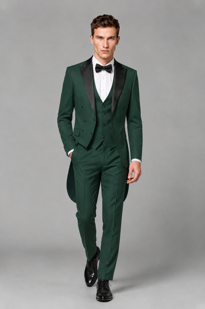 Savile Dark Green 3-Piece Tailcoat Tuxedo Suit with Black Peak Lapel - Dark Green - Dark Green_02