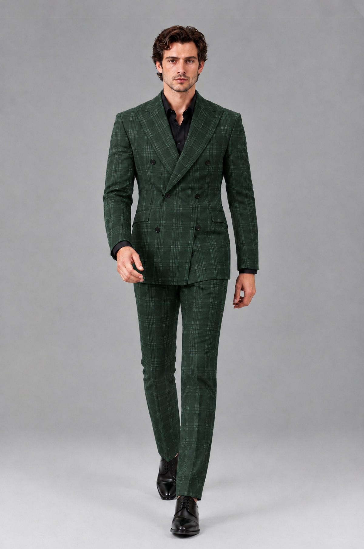Savile Men's Rust Plaid 2-Piece Double-Breasted Suit – Peak Lapel Slim-Fit Jacket & Trousers Set - Dark Green - Dark Green