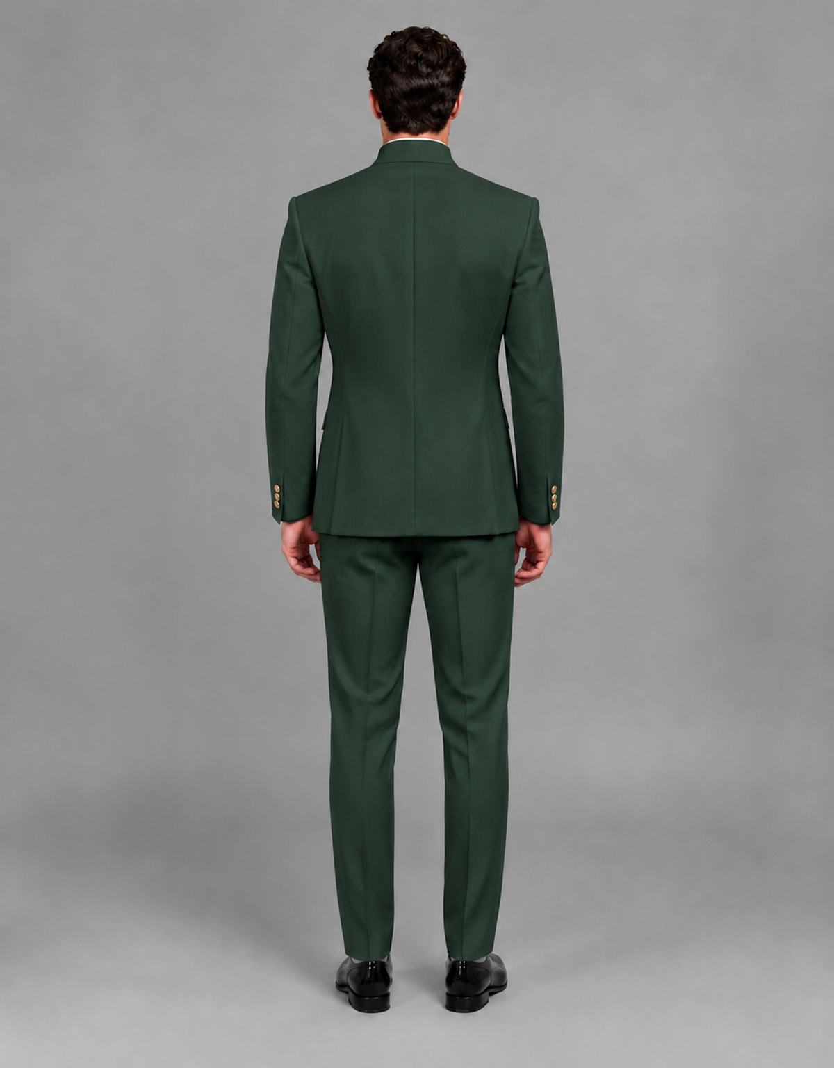 BOLODOO Men's Dark Green Asymmetrical Mandarin Collar Tuxedo Suit – Modern 2-Piece Gold Button Wedding, Prom & Gala Set - Dark Green - Dark Green_03