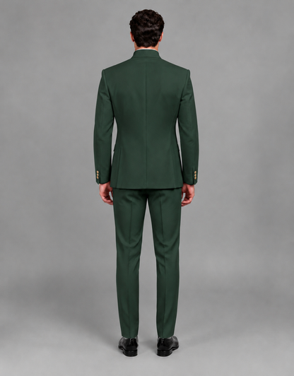 BOLODOO Men's Dark Green Asymmetrical Mandarin Collar Tuxedo Suit – Modern 2-Piece Gold Button Wedding, Prom & Gala Set - Dark Green - Dark Green_03