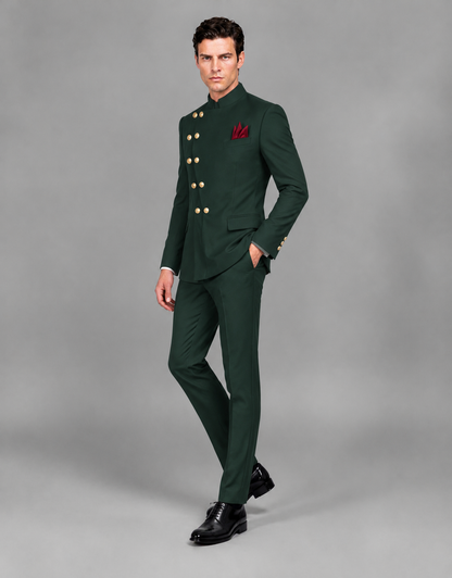 BOLODOO Men's Dark Green Asymmetrical Mandarin Collar Tuxedo Suit – Modern 2-Piece Gold Button Wedding, Prom & Gala Set - Dark Green - Dark Green_04