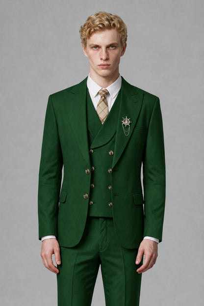 Savile Men's Dark Green Three-Piece Wedding Suit with Double-Breasted Waistcoat - Dark Green