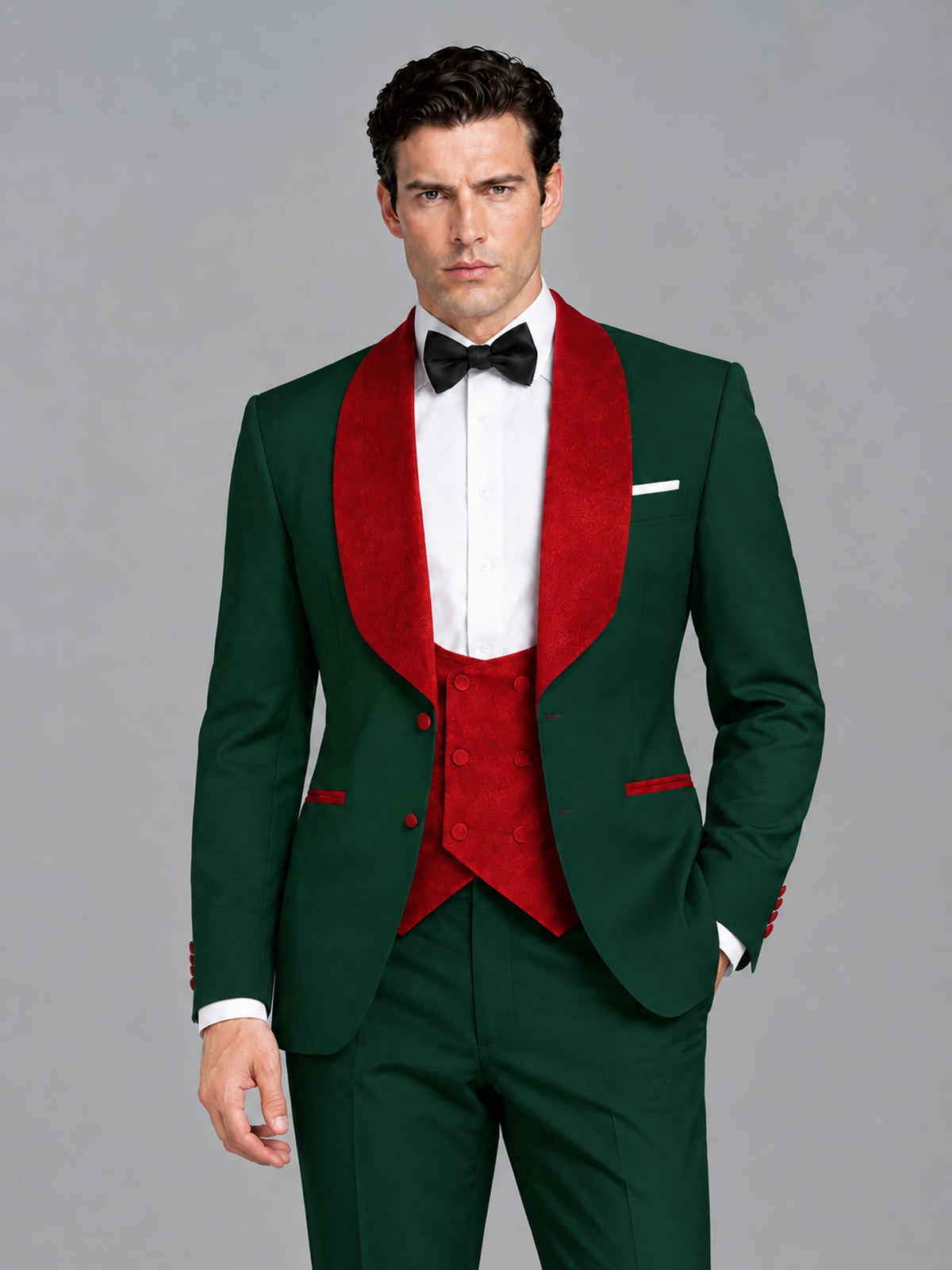 Savile Men's Dark Green 3-Piece Tuxedo Suit Set – Contrast Red Shawl Lapel Blazer, Red Waistcoat & Trousers - SUC020 - Dark_Green