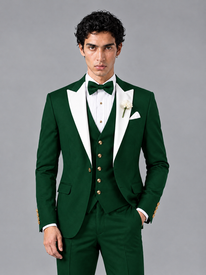 Savile Men's Dark Green Contrast White Peak Lapel 3-Piece Tuxedo Suit - Dark_Green
