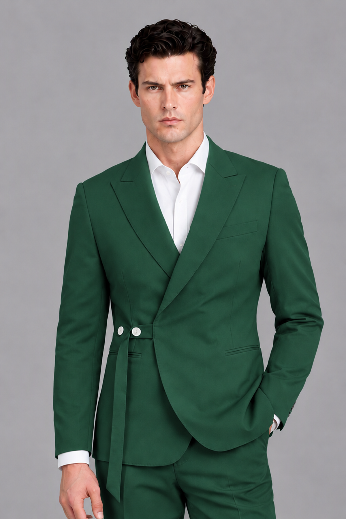 Savile Men's Modern Dark Green 2-Piece Wrap Suit Set – Peak Lapel Side-Button Blazer & Tailored Trousers - Dark Green - Dark_Green_1