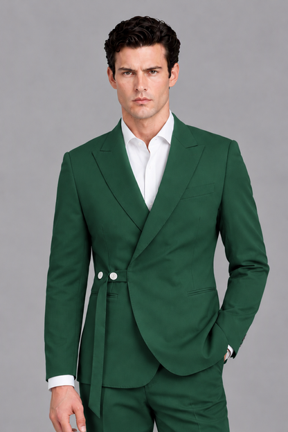Savile Men's Modern Dark Green 2-Piece Wrap Suit Set – Peak Lapel Side-Button Blazer & Tailored Trousers - Dark Green - Dark_Green_1