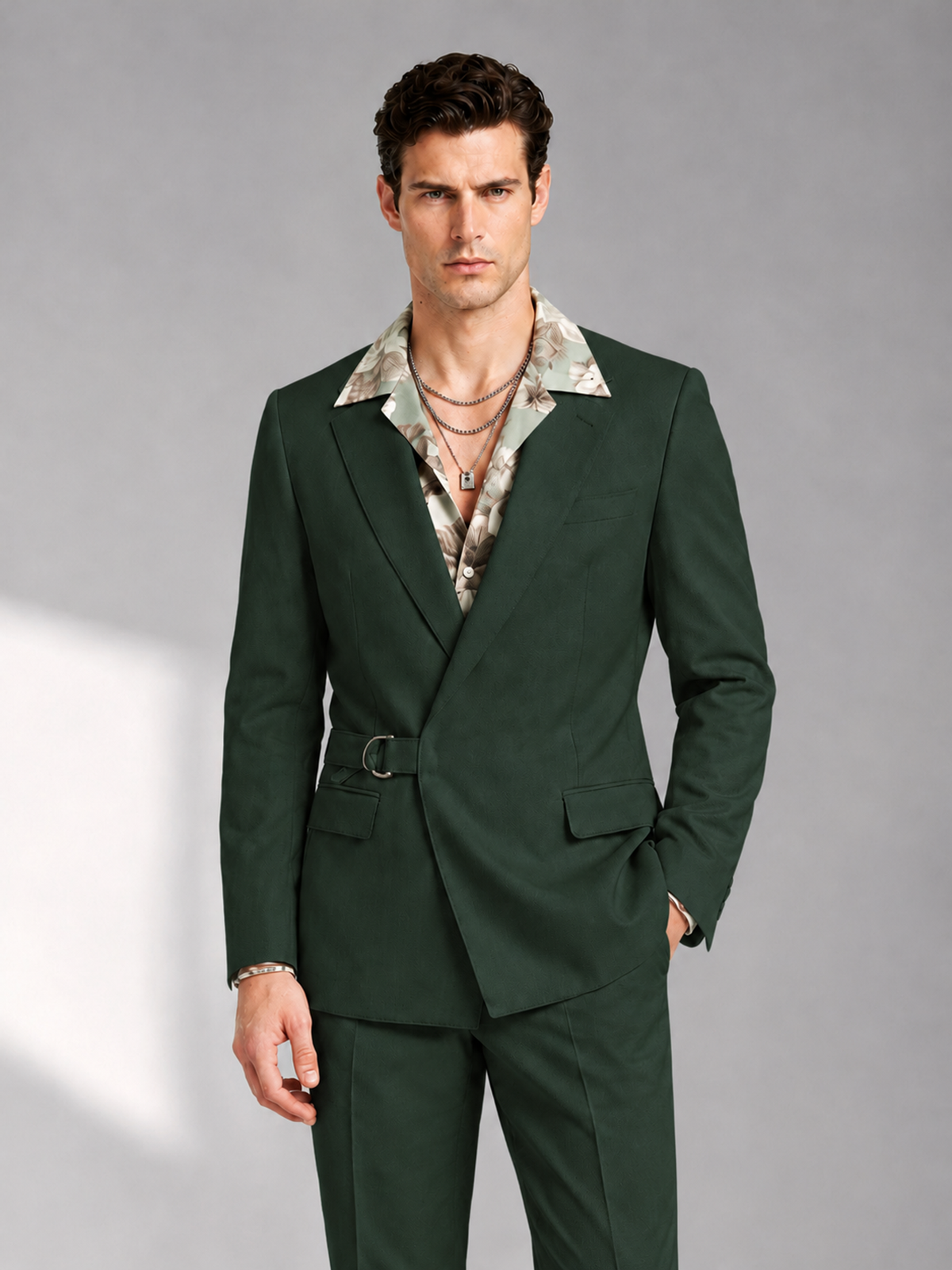 Savile Men's Dark Green Belted Wrap 2-Piece Suit – Peak Lapel Blazer & Tailored Trousers - SUC060 - Dark Green - Dark Green_1