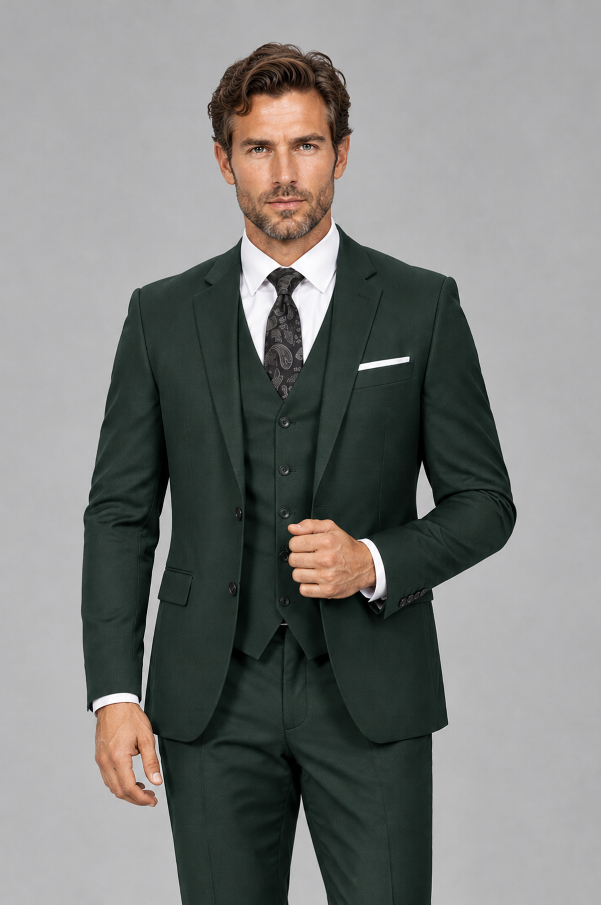 Savile Men's Dark Green 3-Piece Suit Set – Notch Lapel Blazer, Vest & Trousers - Dark Green - Dark_Green_1