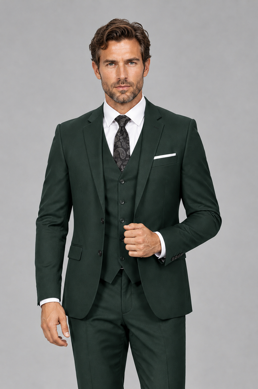 Savile Men's Dark Green 3-Piece Suit Set – Notch Lapel Blazer, Vest & Trousers - Dark Green - Dark_Green_1