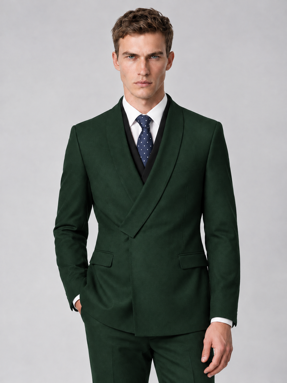 Savile Men's Dark Green Wrap Shawl Lapel 2-Piece Suit Set – Modern Jacket & Trousers - Dark Green - Dark Green_1