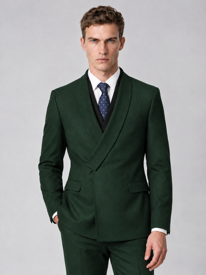 Savile Men's Dark Green Wrap Shawl Lapel 2-Piece Suit Set – Modern Jacket & Trousers - Dark Green - Dark Green_1