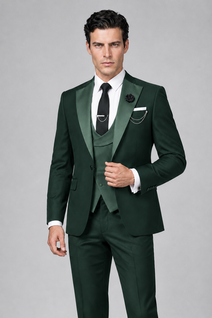 Savile Men's Dark Green 3-Piece Tuxedo Suit – Contrast Silver Peak Lapel & Grey Vest Formal Set - Dark Green - Dark Green_1