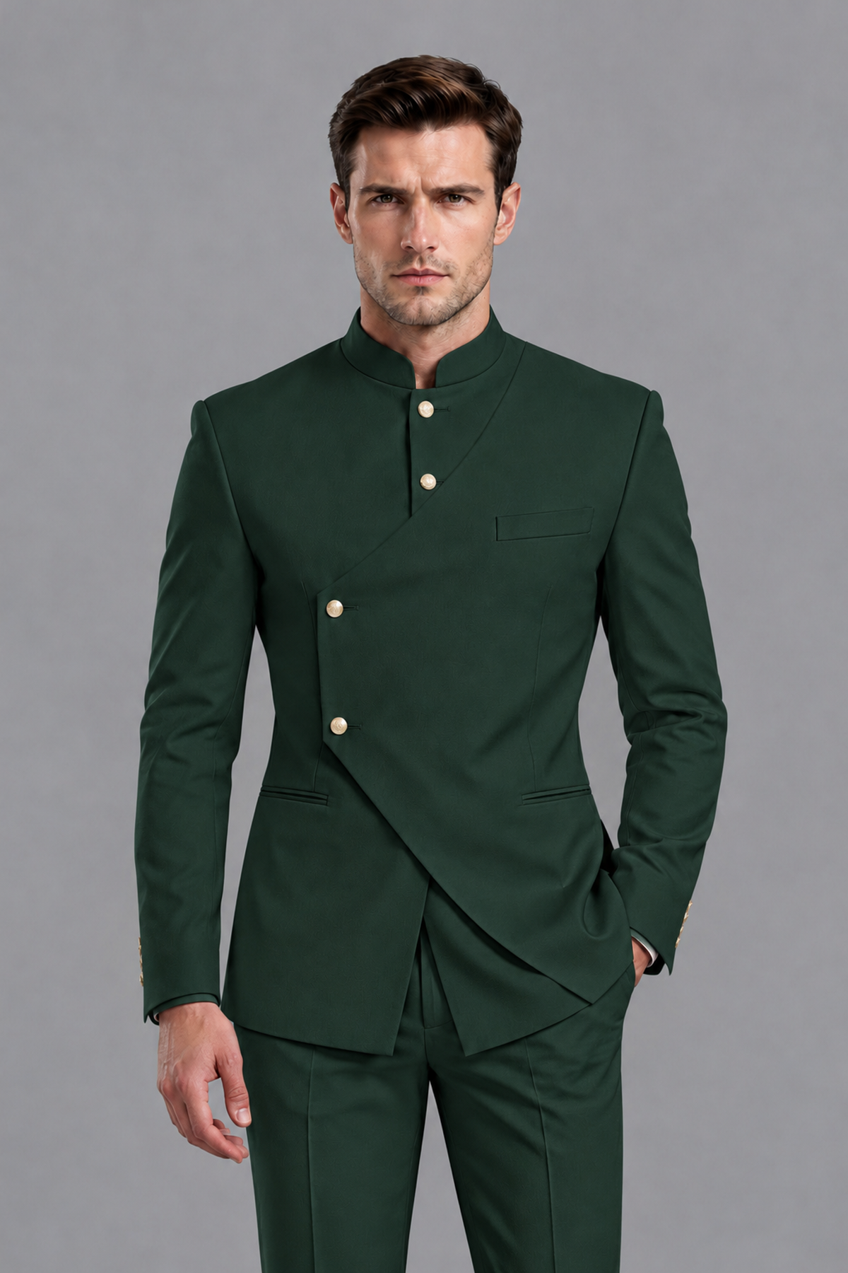 Savile Men's Dark Green Asymmetrical Mandarin Collar Tuxedo Suit – Modern 2-Piece Gold Button Wedding, Prom & Gala Set - Dark Green - Dark Green_1