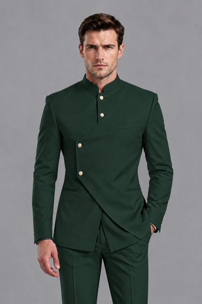 Savile Men's Dark Green Asymmetrical Mandarin Collar Tuxedo Suit – Modern 2-Piece Gold Button Wedding, Prom & Gala Set - Dark Green - Dark Green_1