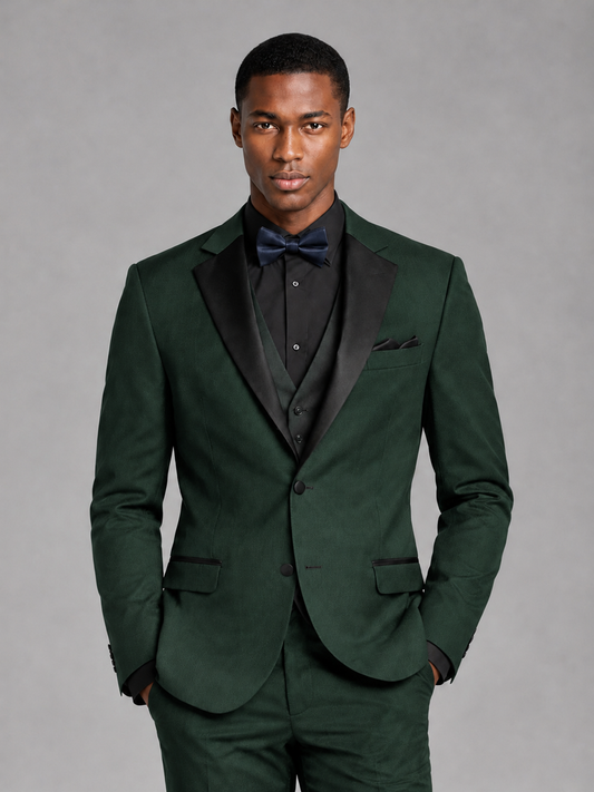 Savile Men's Dark Green Contrast Shawl Lapel Tuxedo Suit – 3-Piece Wedding, Prom & Black-Tie Formal Set - Dark Green - Dark Green_1