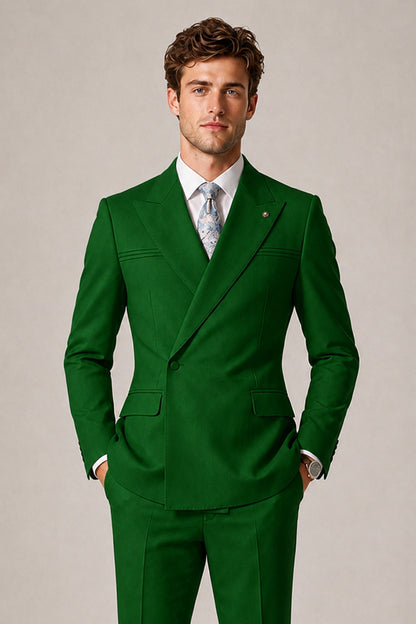 Savile Men's Dark Green Double-Breasted Slim Fit 2-Piece Suit Set – Peak Lapel Blazer & Cuffed Trousers | Wedding Prom Formal - Dark Green