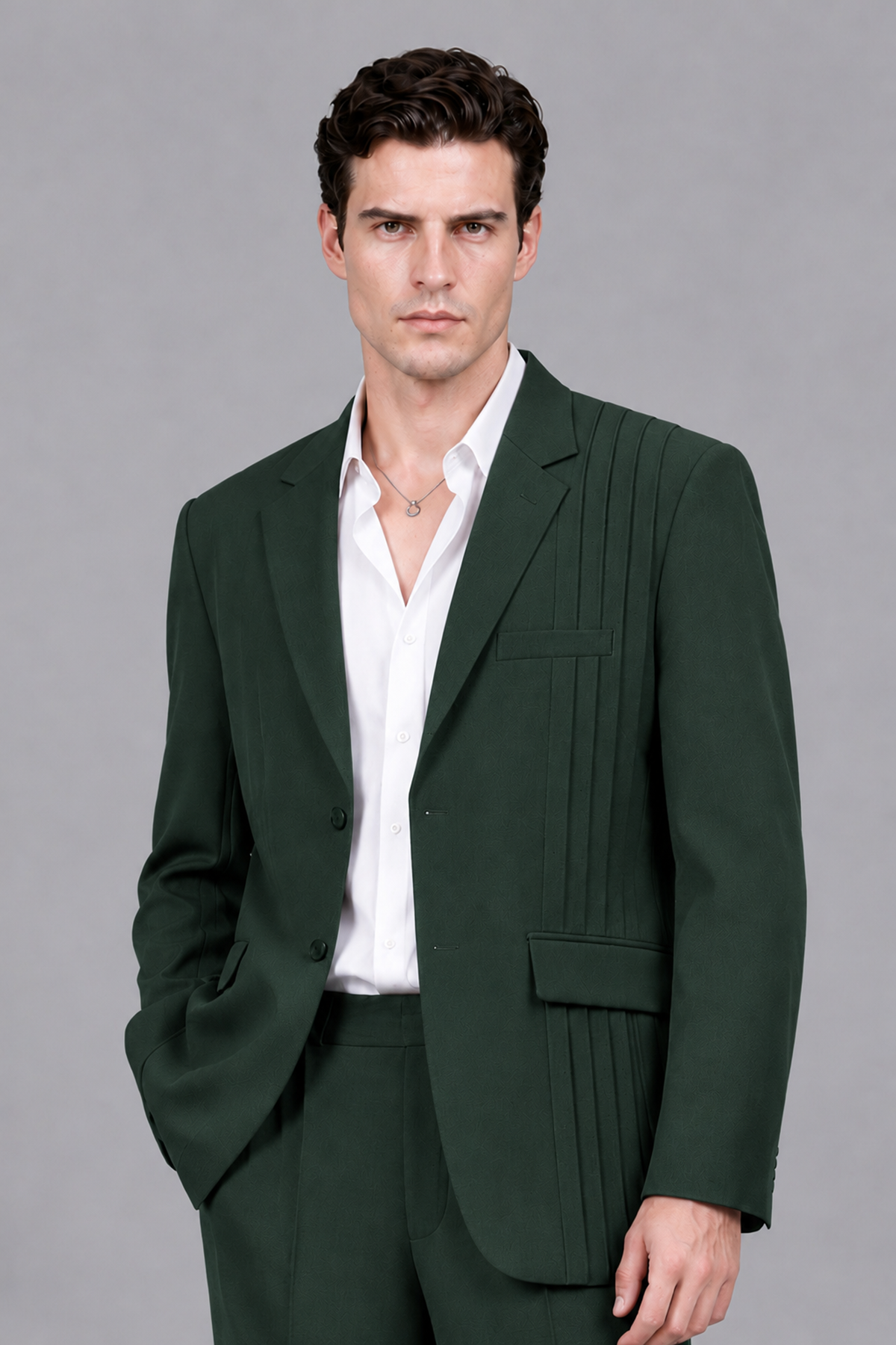 Savile Men's Dark Green Pleated 2-Piece Suit Set | Notch Lapel Blazer & Tailored Trousers - Dark Green - Dark Green_1