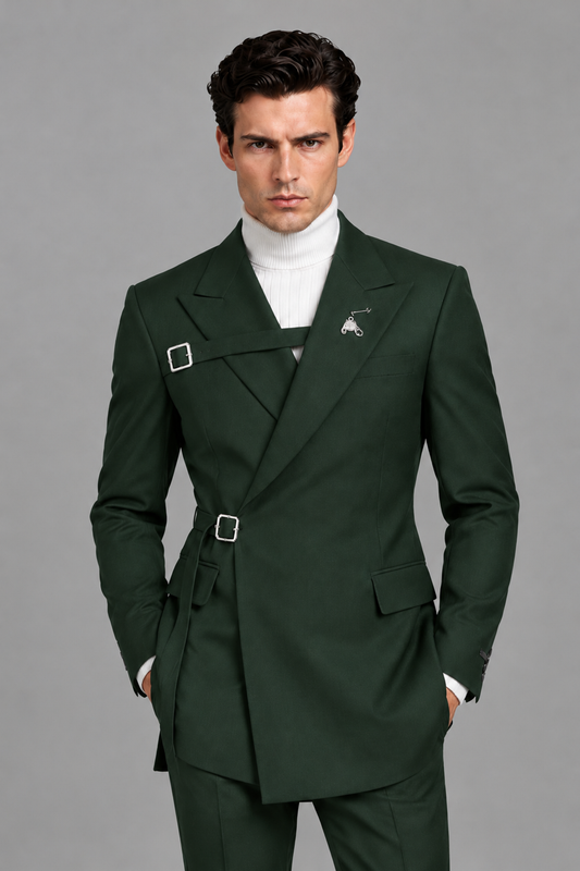 Savile Men's Dark Green Double Buckle Wrap Belted 2-Piece Suit Set – Peak Lapel Slim-Fit Jacket & Trousers - Dark Green - Dark Green_1