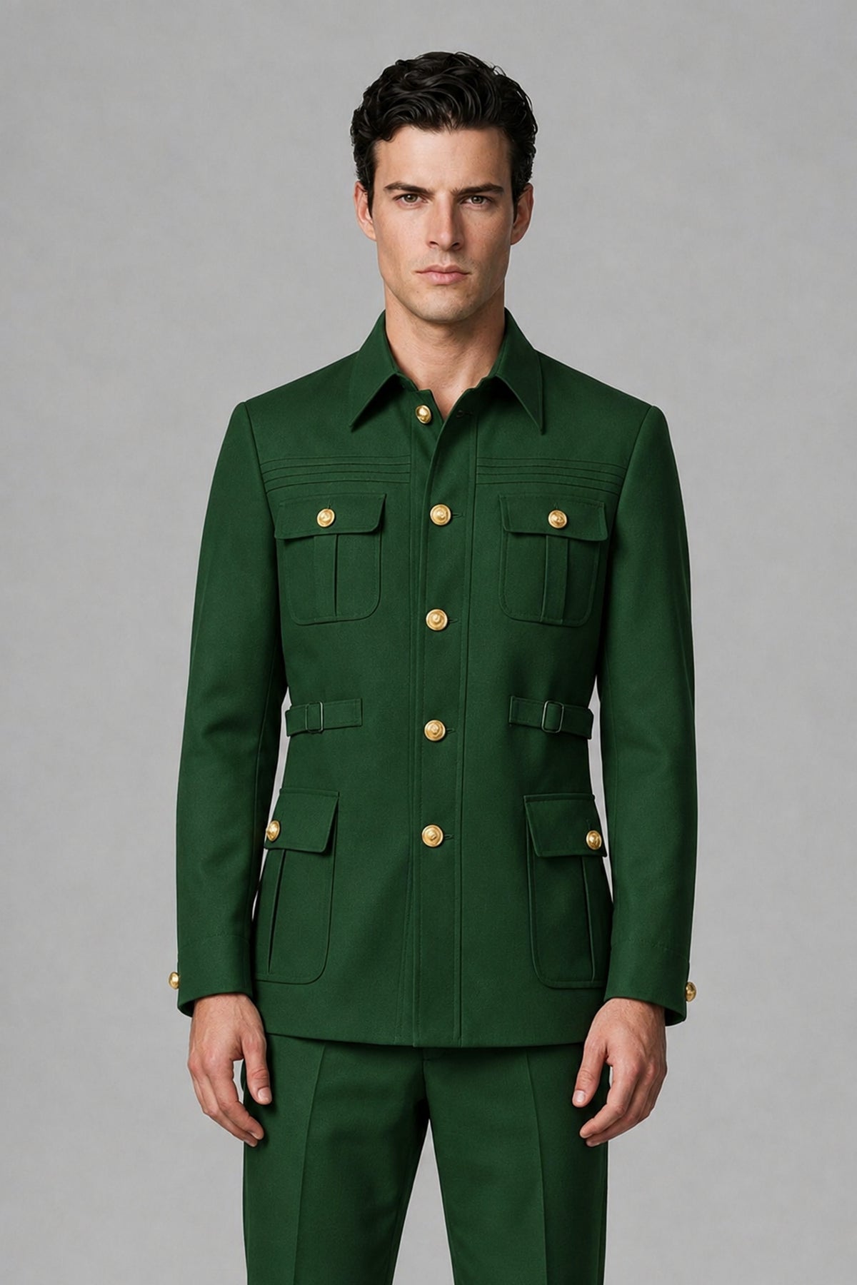 Savile Dark Green Safari Jacket & Trousers Two-Piece Men's Suit - Dark Green
