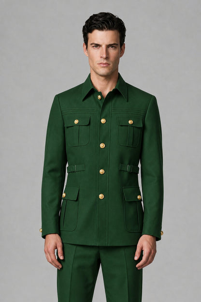 Savile Dark Green Safari Jacket & Trousers Two-Piece Men's Suit - Dark Green