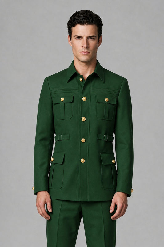 Savile Dark Green Safari Jacket & Trousers Two-Piece Men's Suit - Dark Green