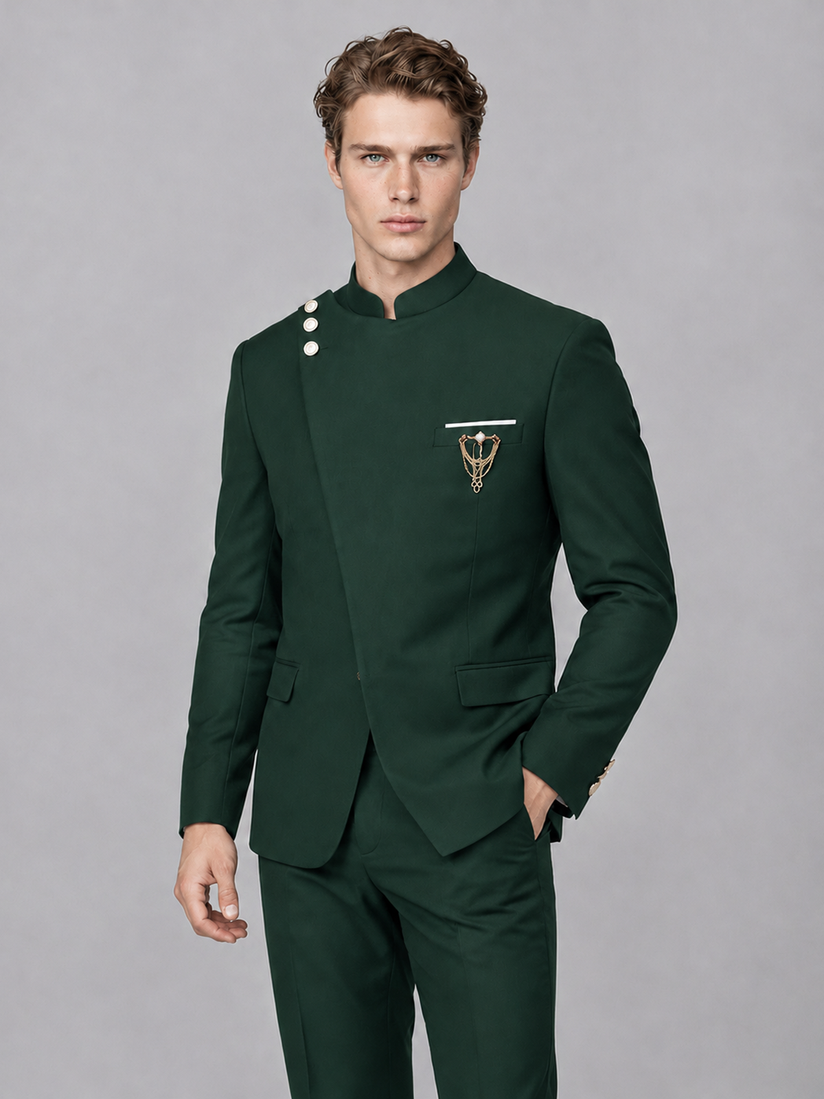 Savile Men's Dark Green Mandarin Collar Asymmetrical 2-Piece Suit Set – Modern Jacket & Trousers - Dark Green - Dark Green_1