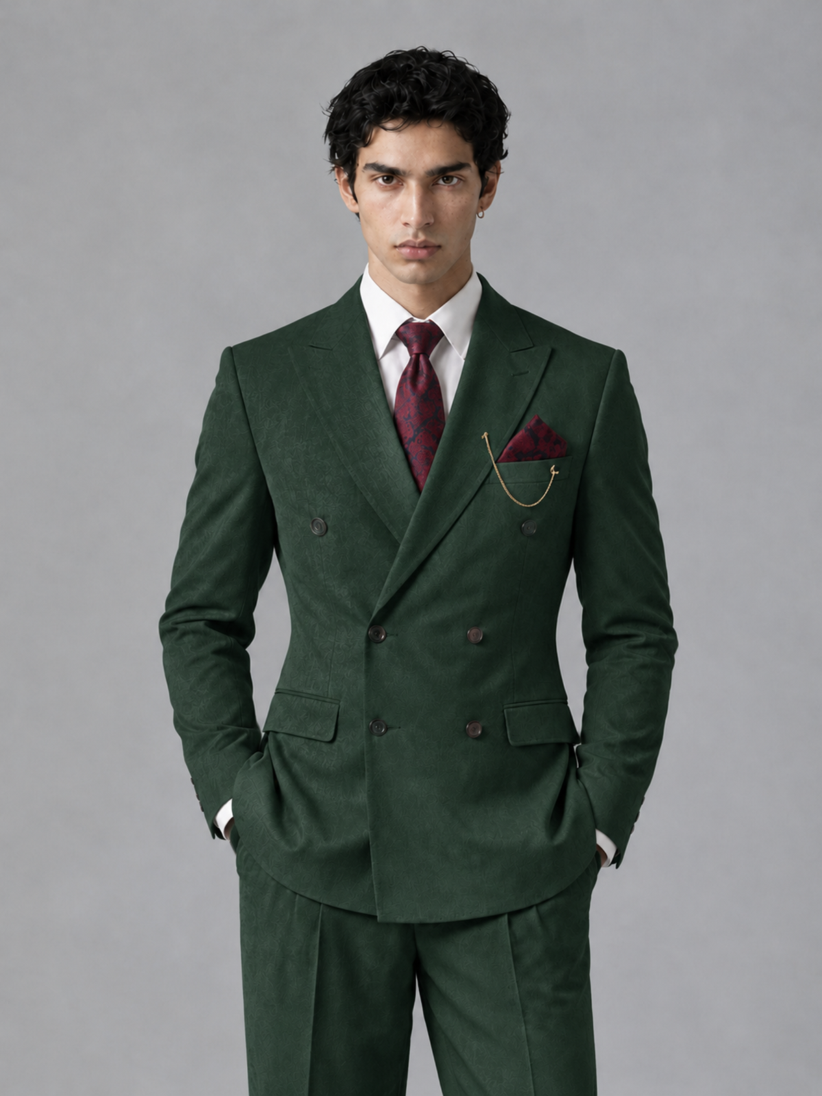 Savile Men's Dark Green Double-Breasted 2-Piece Suit Set – Peak Lapel Blazer & Pleated Wide-Leg Trousers - Dark Green - Dark Green_1