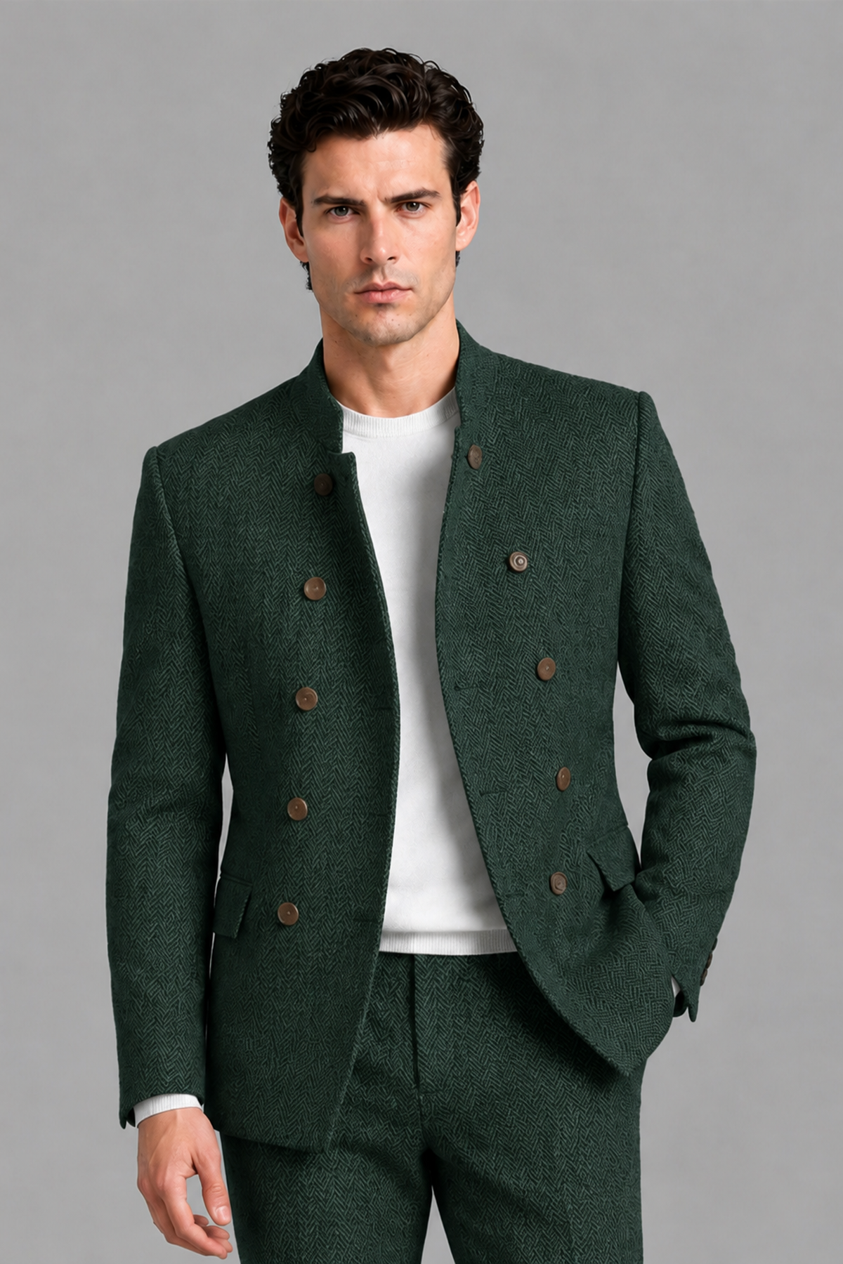 Savile Men's Dark Green Stand Collar Double Breasted Slim Fit 2-Piece Suit Set – Jacket & Trousers | Wedding Gala Formal - Dark_Green