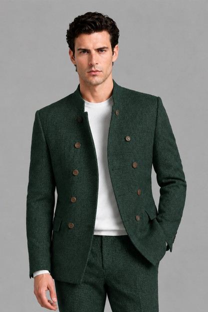 Savile Men's Dark Green Stand Collar Double Breasted Slim Fit 2-Piece Suit Set – Jacket & Trousers | Wedding Gala Formal - Dark_Green