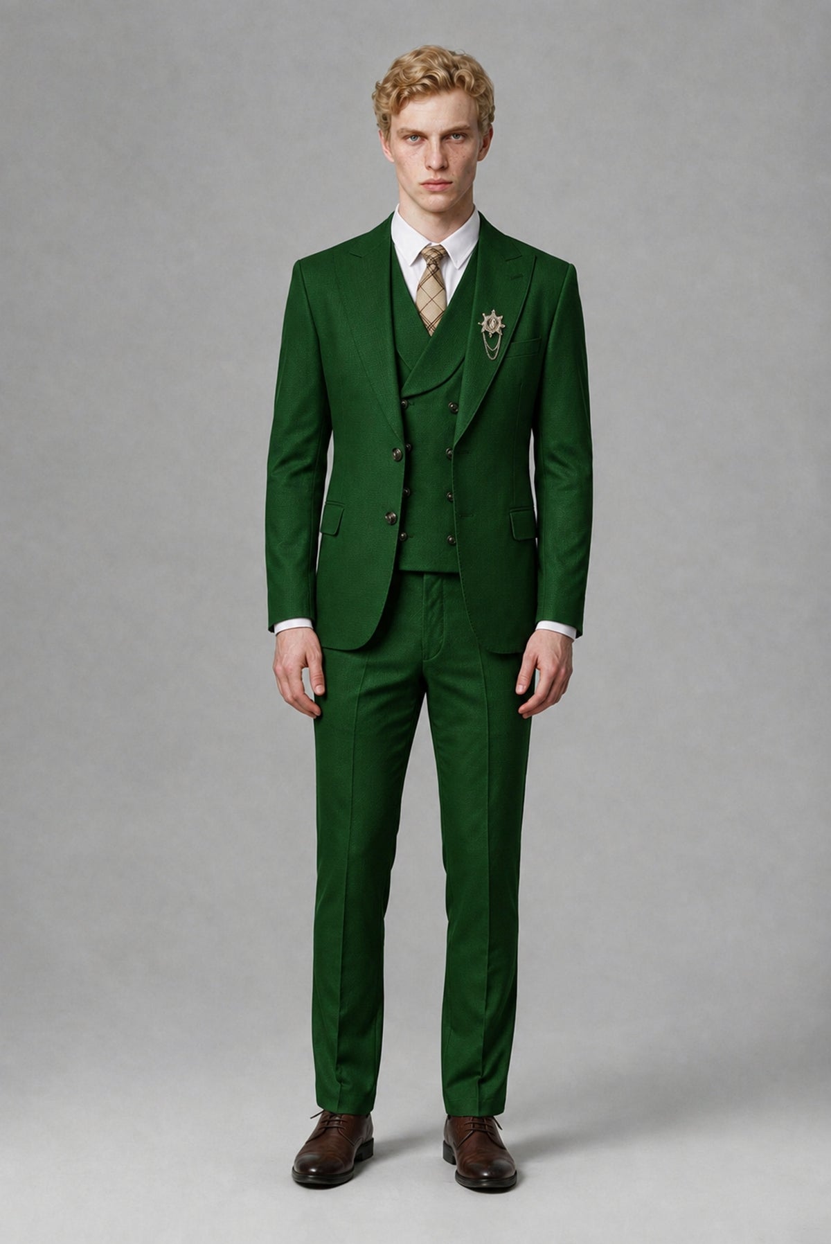 Savile Men's Dark Green Three-Piece Wedding Suit with Double-Breasted Waistcoat - Dark Green