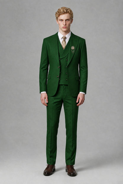 Savile Men's Dark Green Three-Piece Wedding Suit with Double-Breasted Waistcoat - Dark Green