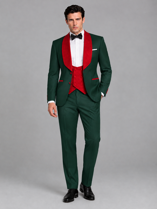 Savile Men's Dark Green 3-Piece Tuxedo Suit Set – Contrast Red Shawl Lapel Blazer, Red Waistcoat & Trousers - SUC020 - Dark_Green