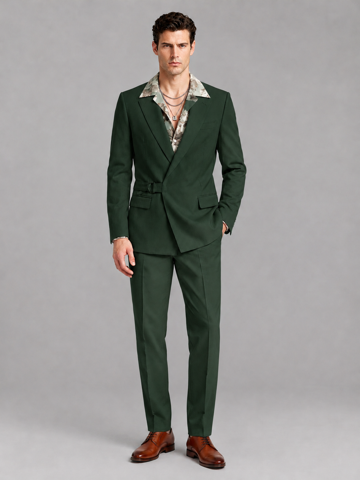 Savile Men's Dark Green Belted Wrap 2-Piece Suit – Peak Lapel Blazer & Tailored Trousers - SUC060 - Dark Green - Dark Green_2
