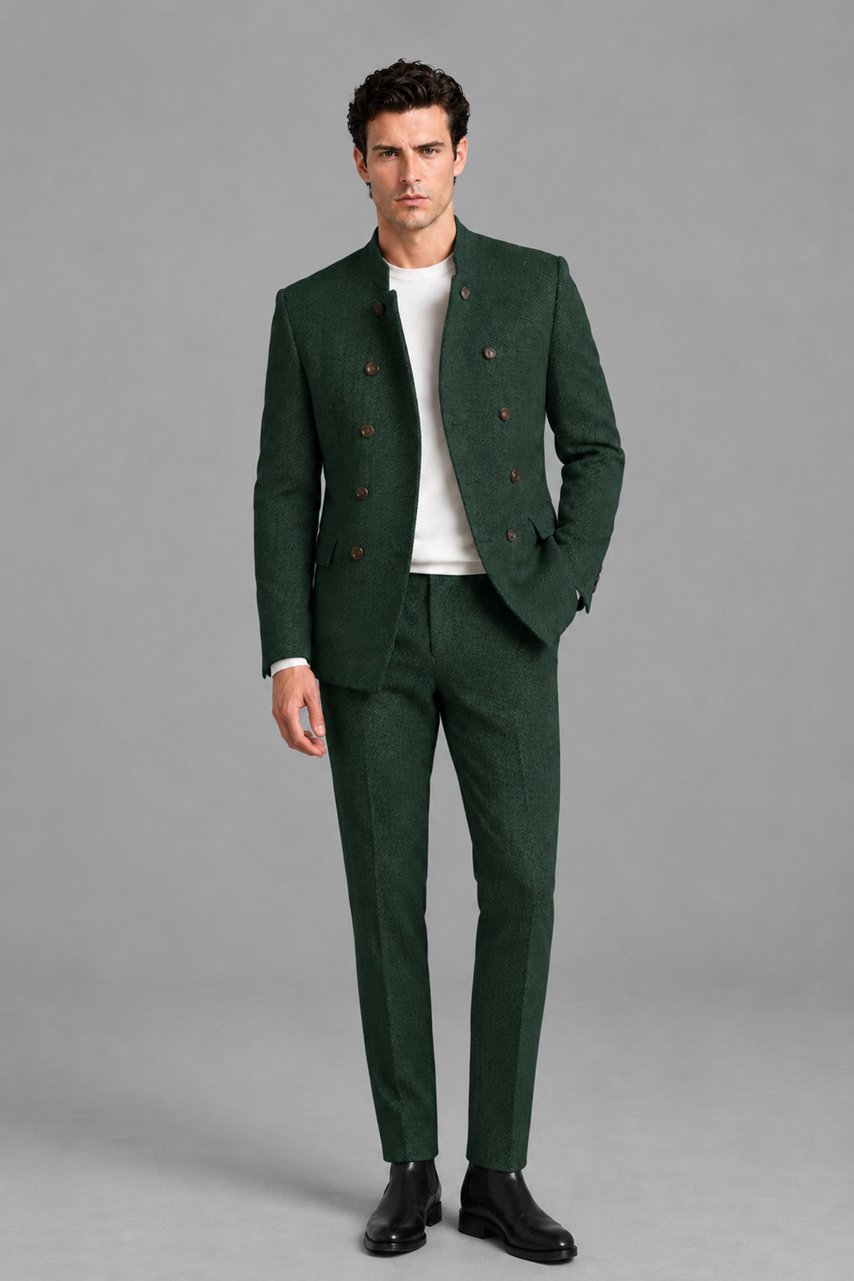 Savile Men's Dark Green Stand Collar Double Breasted Slim Fit 2-Piece Suit Set – Jacket & Trousers | Wedding Gala Formal - Dark_Green