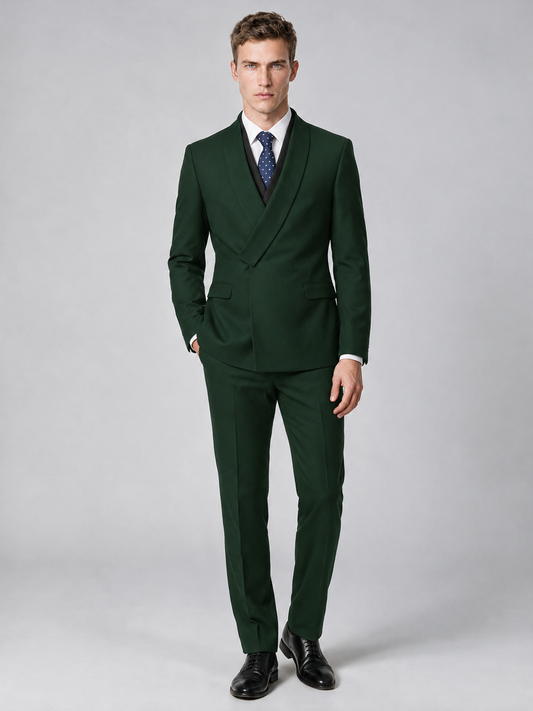 Savile Men's Dark Green Wrap Shawl Lapel 2-Piece Suit Set – Modern Jacket & Trousers - Dark Green - Dark Green_2