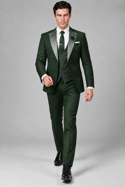 Savile Men's Dark Green 3-Piece Tuxedo Suit – Contrast Silver Peak Lapel & Grey Vest Formal Set - Dark Green - Dark Green_2