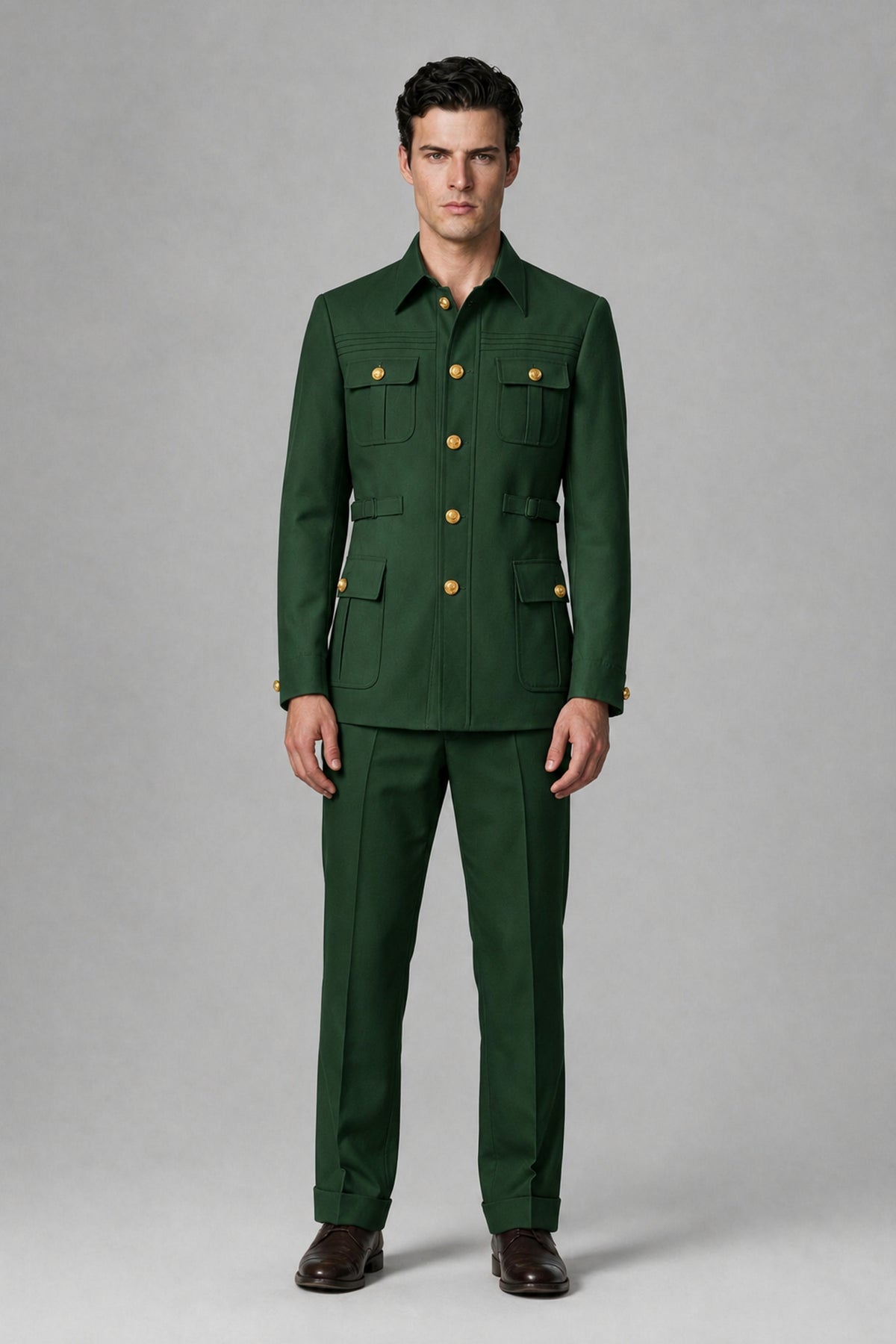 Savile Dark Green Safari Jacket & Trousers Two-Piece Men's Suit - Dark Green