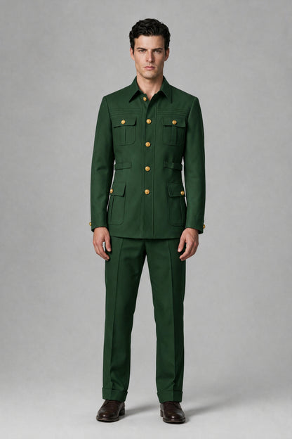 Savile Dark Green Safari Jacket & Trousers Two-Piece Men's Suit - Dark Green