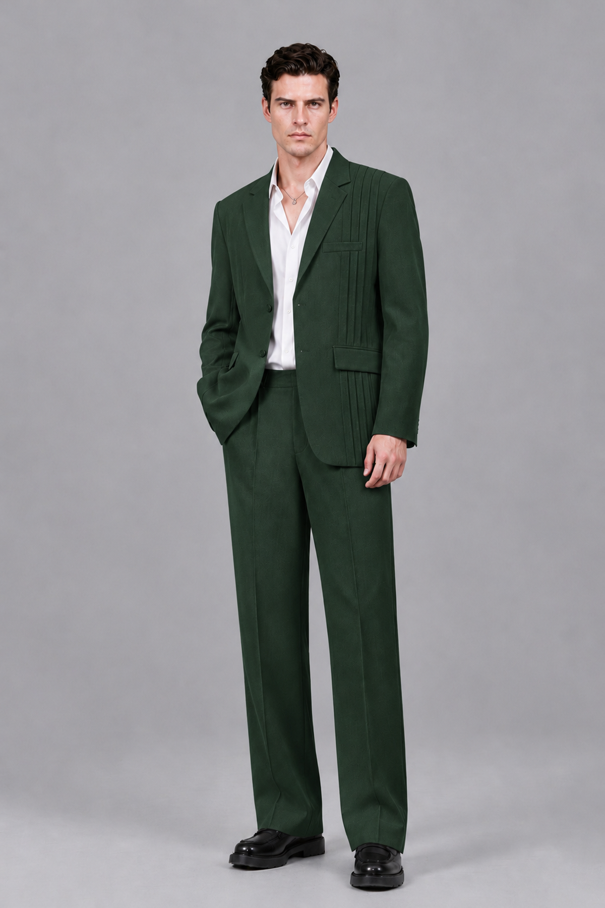 Savile Men's Dark Green Pleated 2-Piece Suit Set | Notch Lapel Blazer & Tailored Trousers - Dark Green - Dark Green_2
