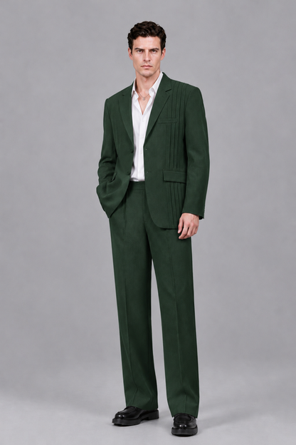 Savile Men's Dark Green Pleated 2-Piece Suit Set | Notch Lapel Blazer & Tailored Trousers - Dark Green - Dark Green_2