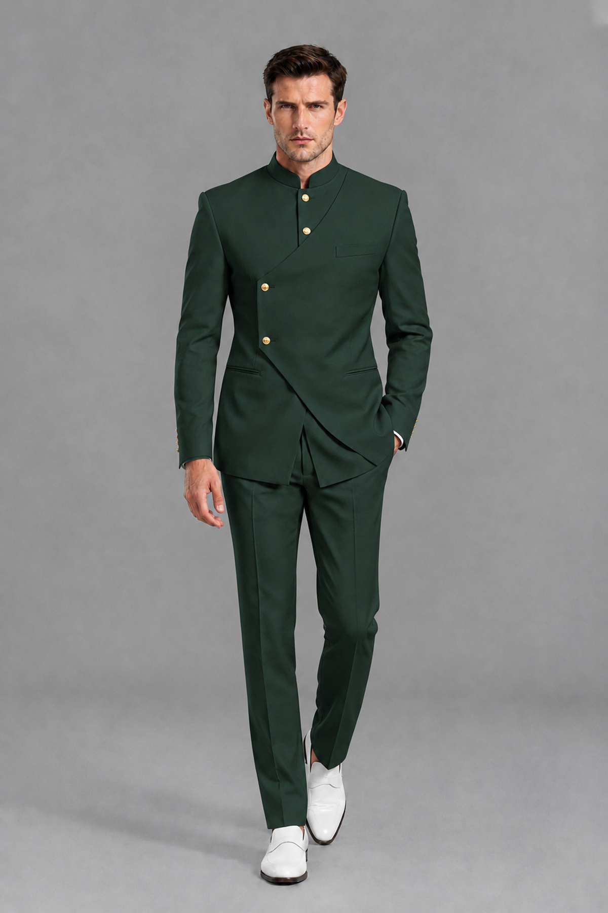 Savile Men's Dark Green Asymmetrical Mandarin Collar Tuxedo Suit – Modern 2-Piece Gold Button Wedding, Prom & Gala Set - Dark Green - Dark Green_2